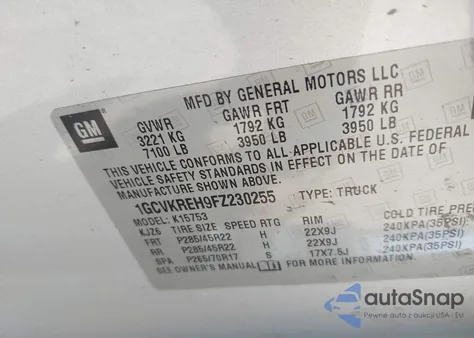 2015 Chevrolet Silverado 1500 1Lt из США, поврежденный, VIN 1GCVKREH9FZ230255